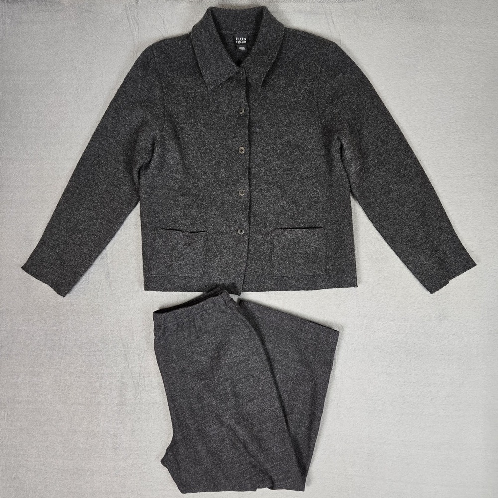 Vintage Eileen Fisher 100% Boiled Wool 2 Piece Set Womens S/M Jacket Pants Gray